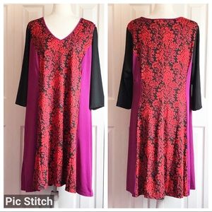 Jete Red Print Multi Color Block V-Neck Stretch 3/4 Sleeve Shift Dress 1X